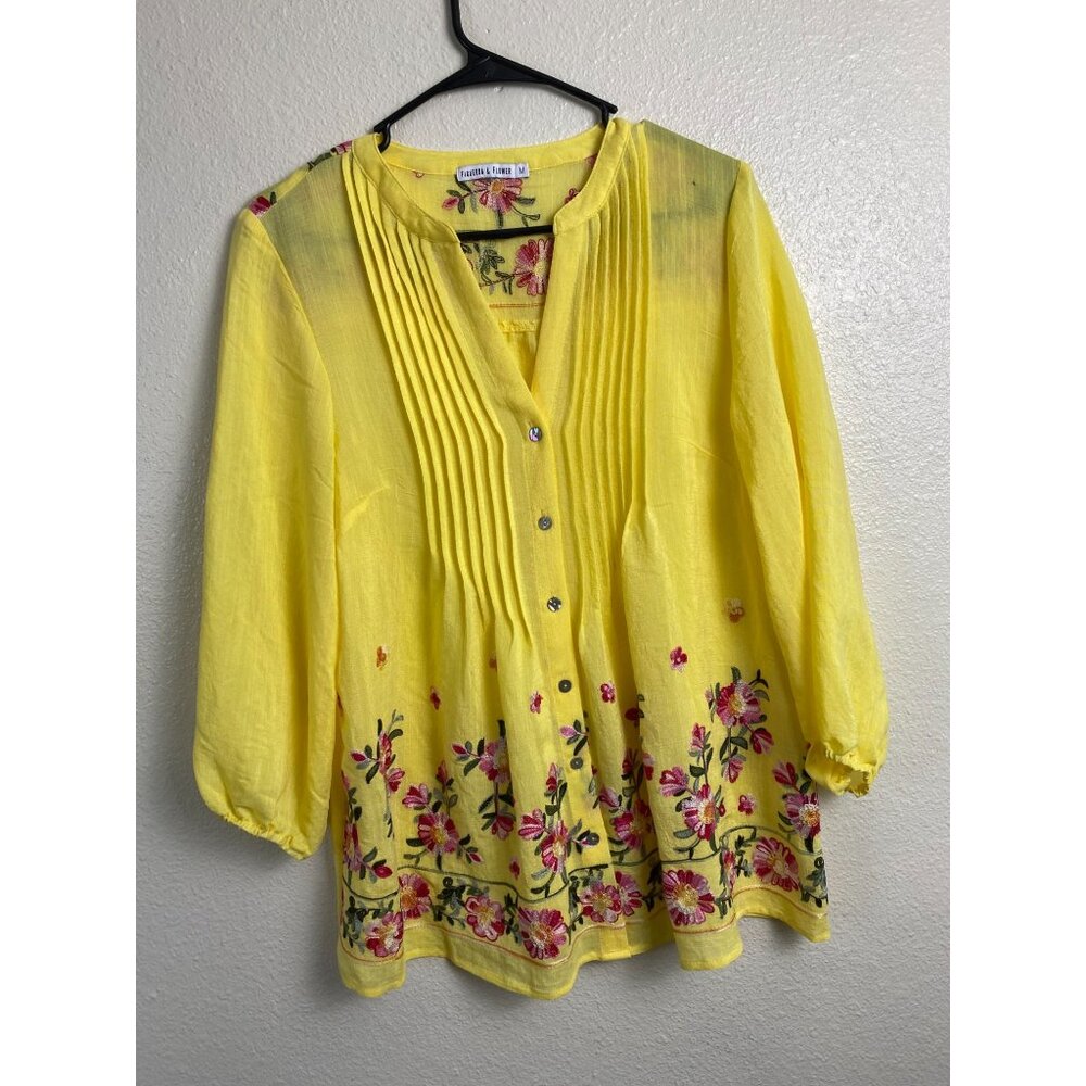 Figueroa & Flowers Women Yellow Flower Long Sleeve‎ Boho Top Size Medium Peasant